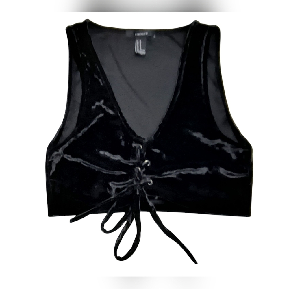 Forever 21 Black Velvet Goth Whimsigoth Cropped Front Lace Up Sleeveless Top M